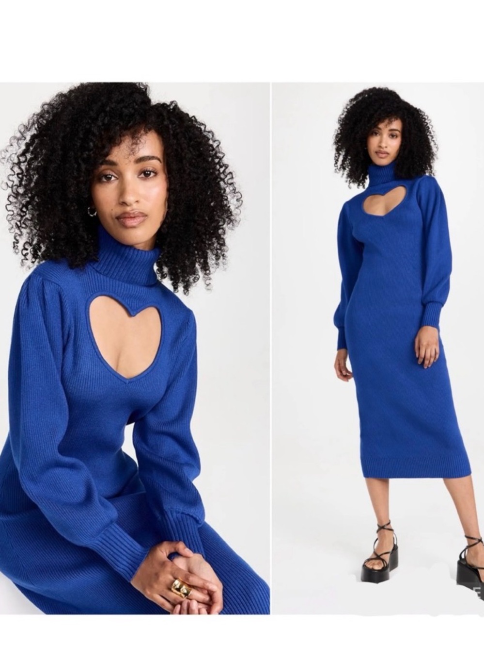 Farm Rio Dress Heart Neckline Midi Knit Sweater Dress in Royal Blue - Picture 1 of 7